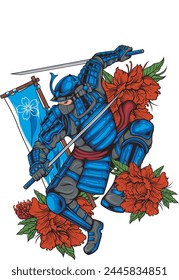 Ilustración vectorial de Guerrero Samurái con Bandera y Flores con Ilustración de Antiguas Disponible para Diseño de Camiseta