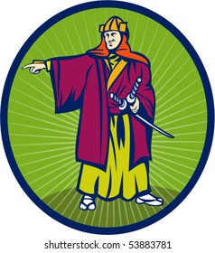 vector  illustration of a Samurai warrior with katana sword pointing to side set inside an oval.