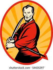 vector illustration of a Samurai warrior with katana sword pointing to side set inside an oval.