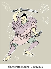 vector illustration of a Samurai warrior with katana sword in fighting stance done in cartoon style