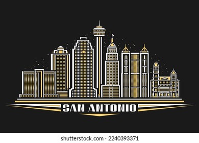 Vector illustration of San Antonio, horizontal poster with linear design illuminated american city scape on dusk sky background, urban line art concept with decorative lettering for words san antonio