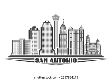 Ilustración vectorial de San Antonio, afiche horizontal monocromo con diseño lineal de paisaje urbano americano famoso, concepto de arte urbano con letras decorativas para las palabras san antonio sobre fondo blanco