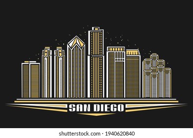 Vector Illustration Of San Diego City, Horizontal Poster With Outline Design Illuminated American City Scape, Urban Line Art Concept With Decorative Font For Words San Diego On Dark Evening Background