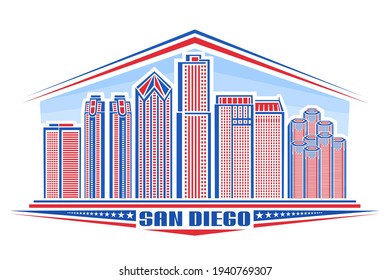 Vector Illustration Of San Diego City, Horizontal Poster With Outline Design American City Scape On Day Background, Line Art Concept With Unique Font For Words San Diego And Decorative Stars In A Row.