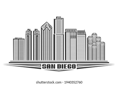 Vector Illustration Of San Diego, Monochrome Horizontal Poster With Outline Design Of Famous American City Scape, Urban Concept With Unique Decorative Type For Black Word San Diego On White Background