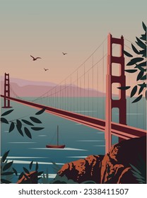 Vector illustration. San Francisco, California. Golden Gate Bridge, poster, banner, background for a postcard.