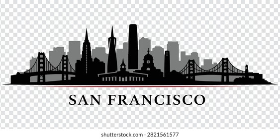 Vector illustration of San Francisco city skyline silhouette featuring iconic landmarks and bridges, isolated on a transparent background.