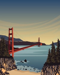 Vector Illustration. San Francisco Poster, Tourist Postcard, Vertical Banner, Cover Design, Packaging.