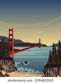 Vector illustration. San Francisco poster, tourist postcard, vertical banner, cover design, packaging.