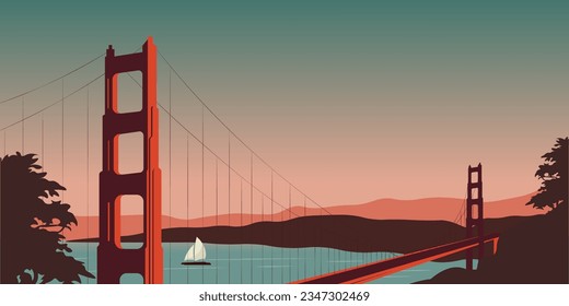 Vector illustration. San Francisco, website background, packaging design, book illustration. Golden Gate Bridge, sunset.