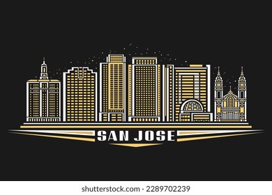 Vector illustration of San Jose, dark horizontal poster with linear design californian city scape on dusk sky background, american urban line art concept with decorative letteing for text san jose