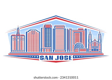 Vector illustration of San Jose, horizontal badge with linear design famous californian city scape on day sky background, red urban line art concept with decorative lettering for blue text san jose