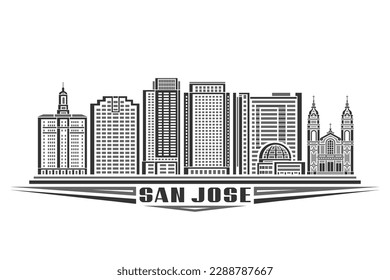 Vector illustration of San Jose, monochrome card with linear design famous californian city scape, american urban line art concept with decorative lettering for black text san jose on white background