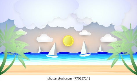 Vector illustration Sand beach and palm tree beach, look at the sea, beautiful surfing sailboat moving.paper art graphic design