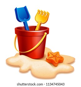 Vector illustration - Sand bucket, shovel and rake isolated on white