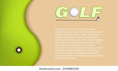 Vector illustration of sand bunker on the golf course with club and ball in the hole from top view.