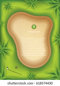 Vector illustration of sand bunker on the golf course with club and ball in the hole from top view.
