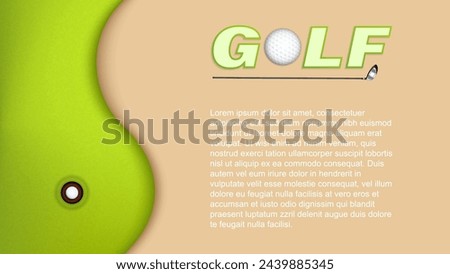 Vector illustration of sand bunker on the golf course with club and ball in the hole from top view.