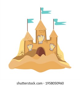 Vector illustration of a sand castle with blue flags. Vacation symbol, children s vacation, sand construction, dream allegory