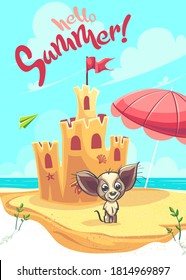 Vector illustration sand castle with cartoon dog. For print on demand, powerpoint and keynote presentations, advertisements and commercials, magazines and newspapers, book covers.