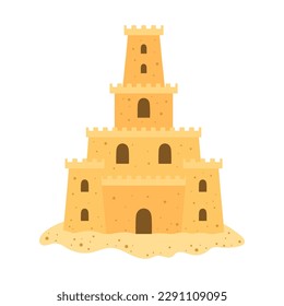 vector illustration of sand castle in flat style isolated on white background, cartoon fortress with towers, beach vacation theme, print for kids