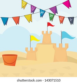 vector illustration of sand castle  kit on sea beach