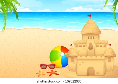 vector illustration of sand castle on sea beach