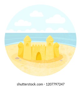 Vector illustration of a sand castle on a sea shore. Colorful cartoon ocean coast background.