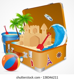 vector illustration of sand castle on sea beach in luggage