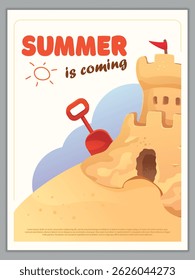 Ilustração vetorial do castelo de areia sobre fundo branco. Cartaz de verão.