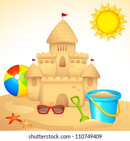 vector illustration of sand castle with sandpit kit on sea beach