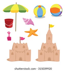 vector illustration of sand castle with sandpit kit on sea beach