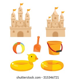 ilustração vetorial de castelo de areia com kit de areia na praia do mar