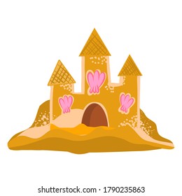 Vector illustration of a sand castle with seashells. Clip art, sticker, cute flat style illustration on white isolated. Kids sand beach games, scrapbooking, summer memories.