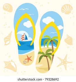 Vector illustration of a sandal with beach view.