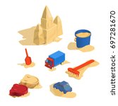Vector illustration of a sandbox, playground, back yard, bucket, rake, sand, castle. Isometry.