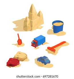 Vector illustration of a sandbox, playground, back yard, bucket, rake, sand, castle. Isometry.