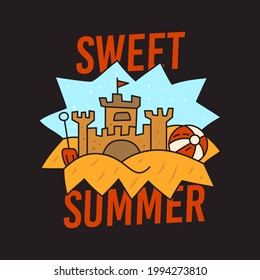 Vector illustration of sandcastle on beach. Print logo on black background