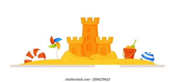 Vector illustration of a sandcastle in a sandbox.Sand castle with a child's toy bucket and a small red flag in a flat style, isolated on a white background. Flight recreation concept.