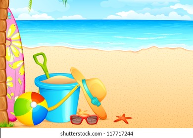 vector illustration of sandpit kit and hat on sea beach