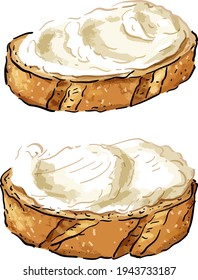 Vector illustration with sandwich, baguette toast with cream cheese