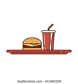 Vector illustration of a sandwich and beverage cup are standing on a tray on white background. Fast food topic.