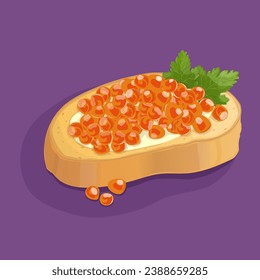 Vector illustration sandwich with butter, red caviar and parsley leaf