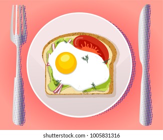 Vector illustration of sandwich with fried egg and vegetables on the plate with fork and knife