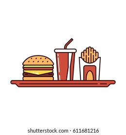 Vector illustration of a sandwich, fried potato and beverage cup are standing on a tray on white background. Fast food topic.