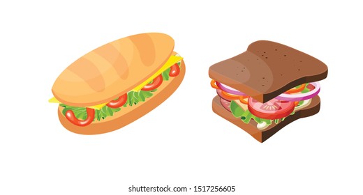 Vector illustration sandwich, isometric style. Tasty snack with ingredients. Isolated on white background. Good for sticker, poster, flye etc.