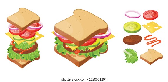 Vector illustration sandwich, isometric style. Tasty snack with ingredients. Isolated on white background.