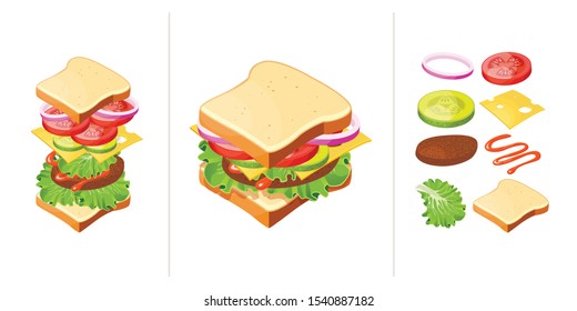 Vector illustration sandwich, isometric style. Tasty snack with ingredients. Isolated on white background. Good for sticker, poster, flye etc.