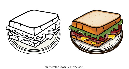 Vector Illustration of a sandwich with lines and colors, for children's coloring book