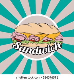 Vector illustration of sandwich made in hand drawn realistic style. Colorful artwork in cartoon pop art  sketch style. Template for business card poster banner flyer and print for t-shirt